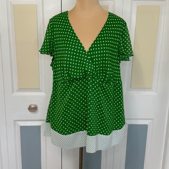 Lane Bryant Tops - Lane Bryant Green White Polka Dot V-Neck Flutter Sleeve Blouse 14/16 Tunic